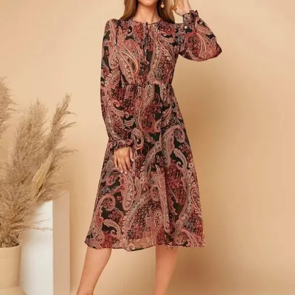 Shein Rust & Black Paisley Midi-Dress, Wide Belt, Bishop Sleeves Sz 12,XL, NWOT - Picture 3 of 13